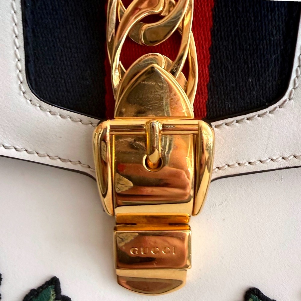 Gucci Sylvie Medium Floral Embroidered Leather Top Handle Bag | Box + Dust Bag - Picture 3 of 16